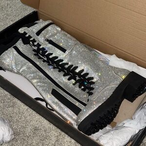 Dolls Kill Club Exx silver bling rhinestone Glitter tall lace up combat Boots 10